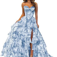 Floral Print Tiered Prom Dresses