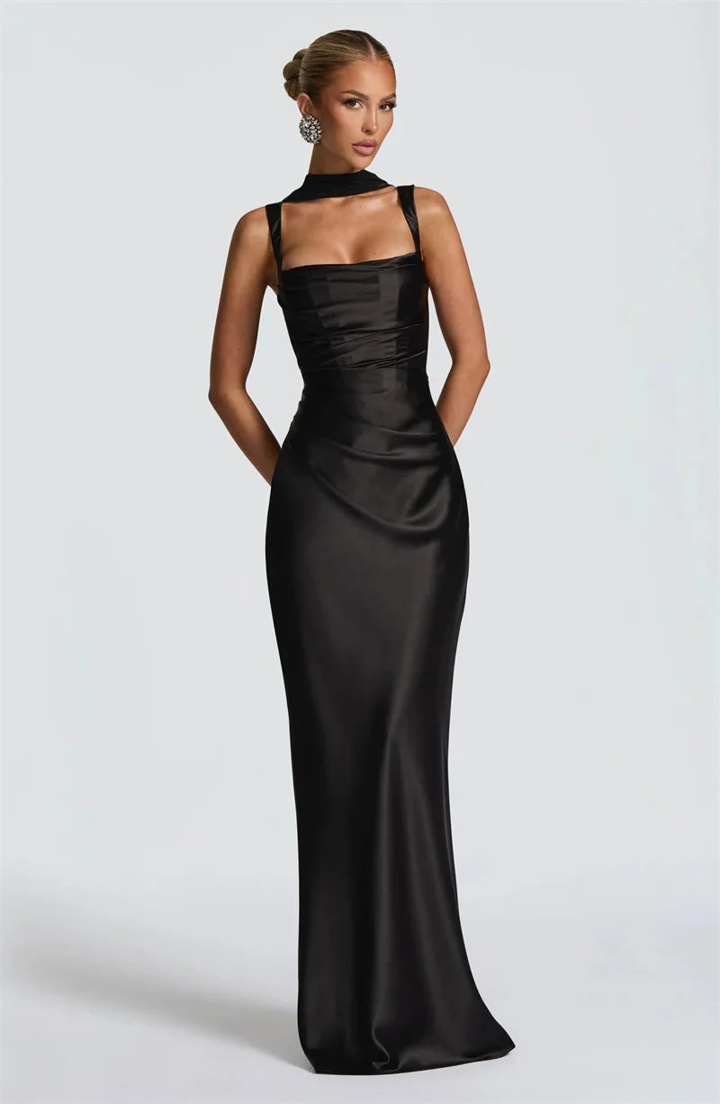 Satin Backless Square-Neck Party Dress