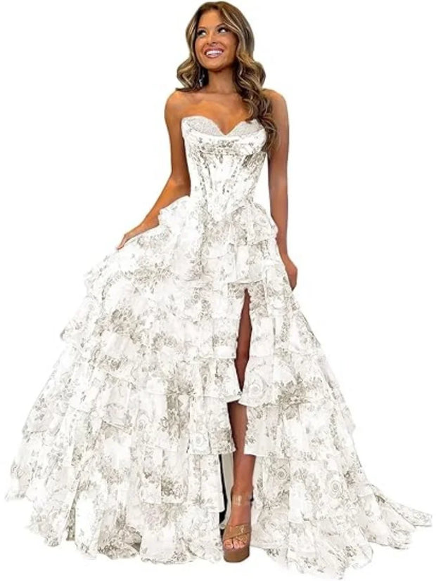 Floral Print Tiered Prom Dresses