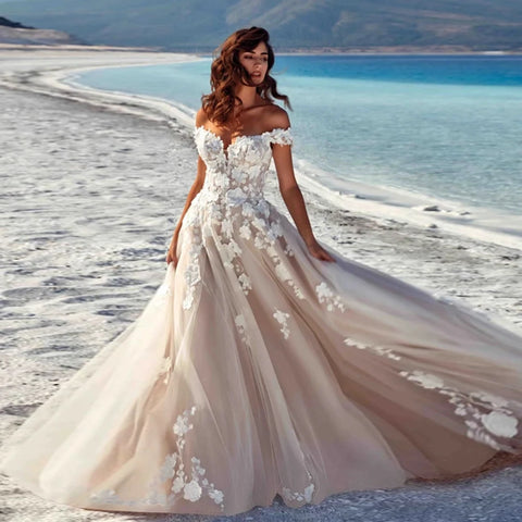 Champagne Off-Shoulder Wedding Dress