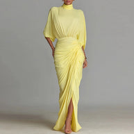 Elegant High-neck Half-sleeve Pleated Maxi Dress