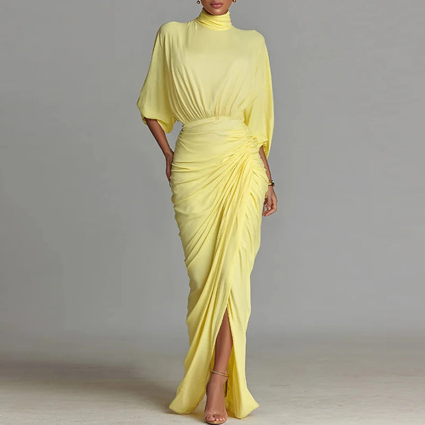 Elegant High-neck Half-sleeve Pleated Maxi Dress
