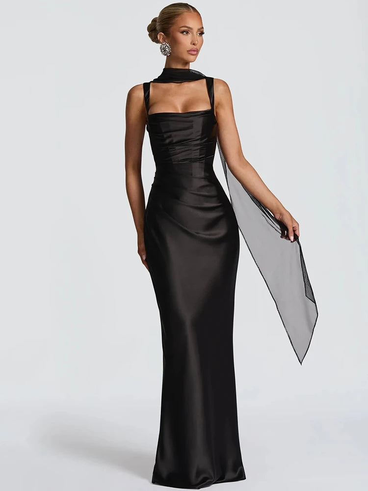 Satin Backless Square-Neck Party Dress