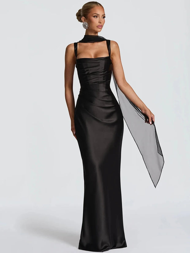 Satin Backless Square-Neck Party Dress