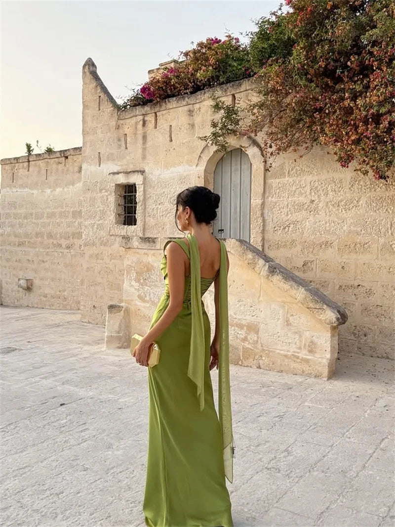 Satin Backless Square-Neck Party Dress