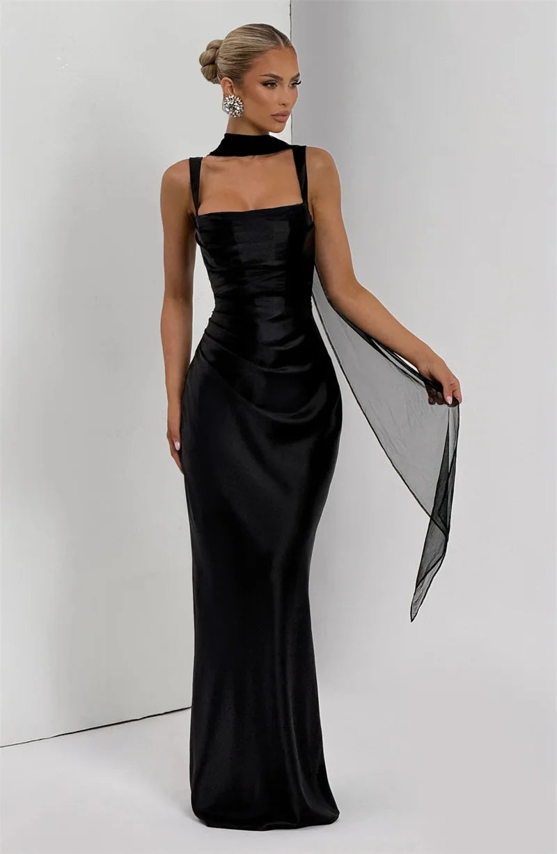 Satin Backless Square-Neck Party Dress