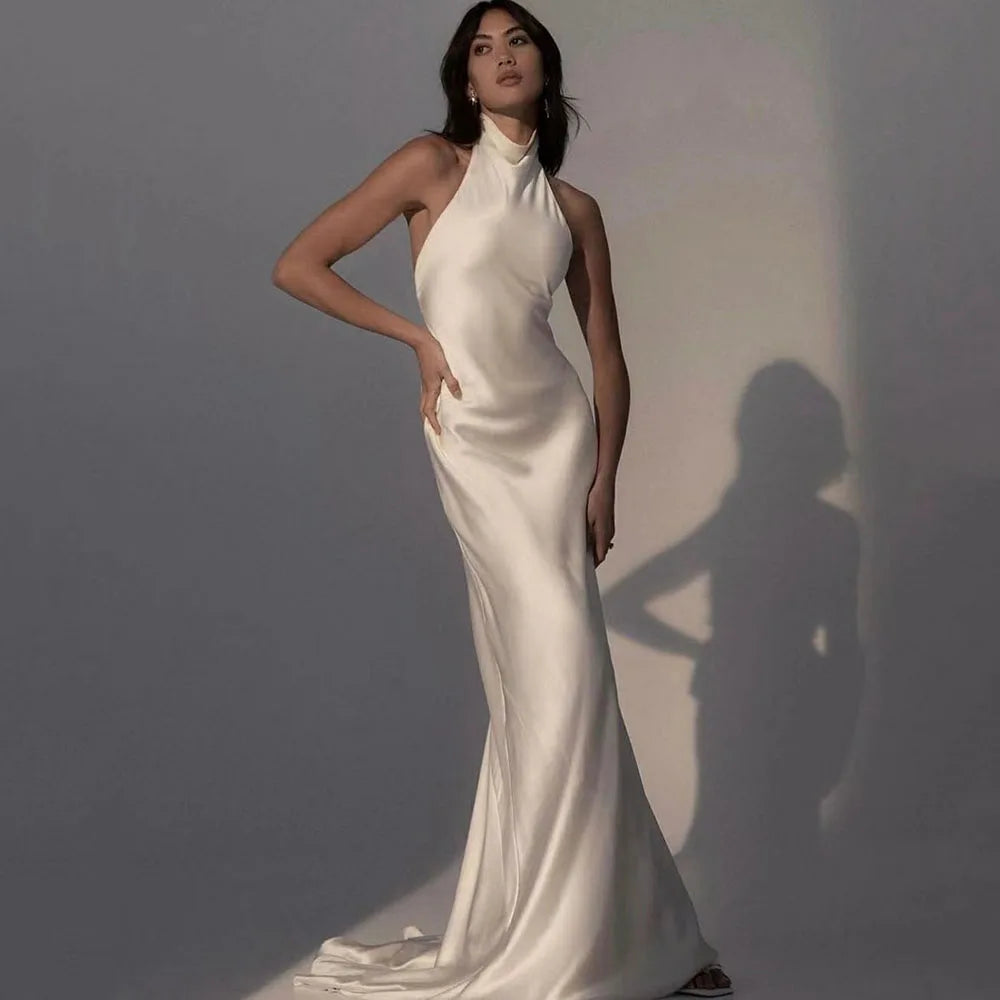 High-Neck Satin Mermaid Wedding Dress