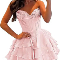 Strapless Boned Ruffle Chiffon Mini Ball Gown Prom Dress