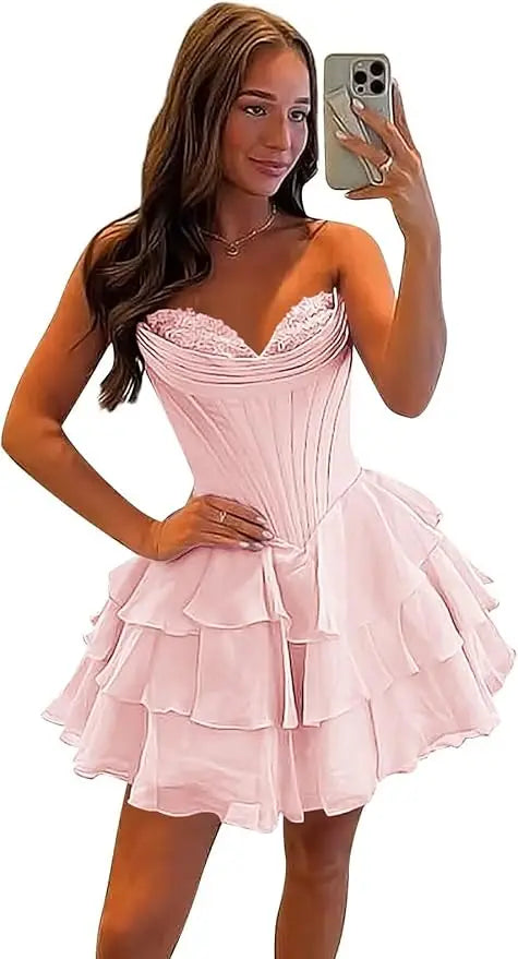 Strapless Boned Ruffle Chiffon Mini Ball Gown Prom Dress