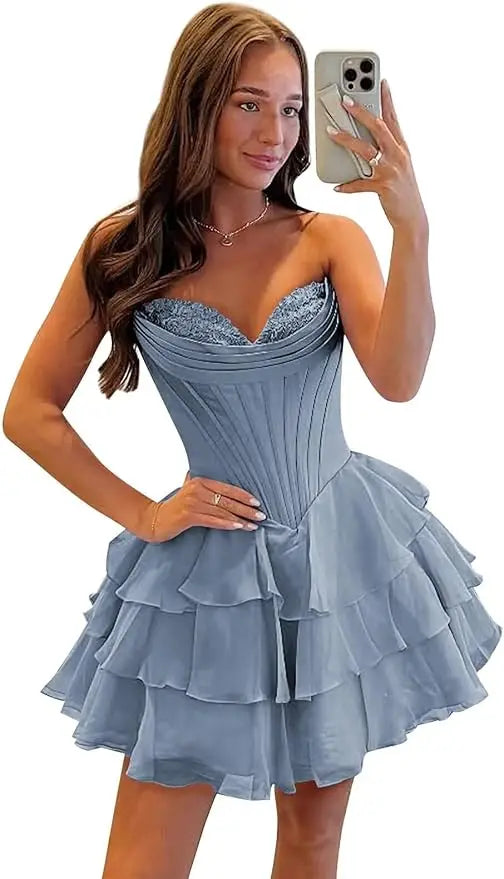 Strapless Boned Ruffle Chiffon Mini Ball Gown Prom Dress