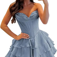 Strapless Boned Ruffle Chiffon Mini Ball Gown Prom Dress