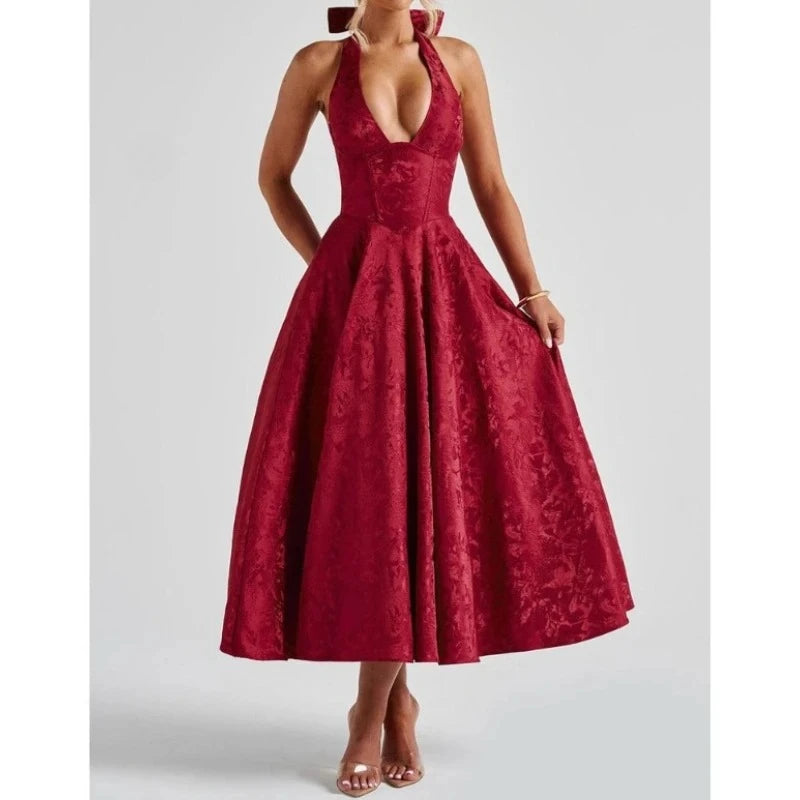 Women Halter V-neck Pleated Long Dress