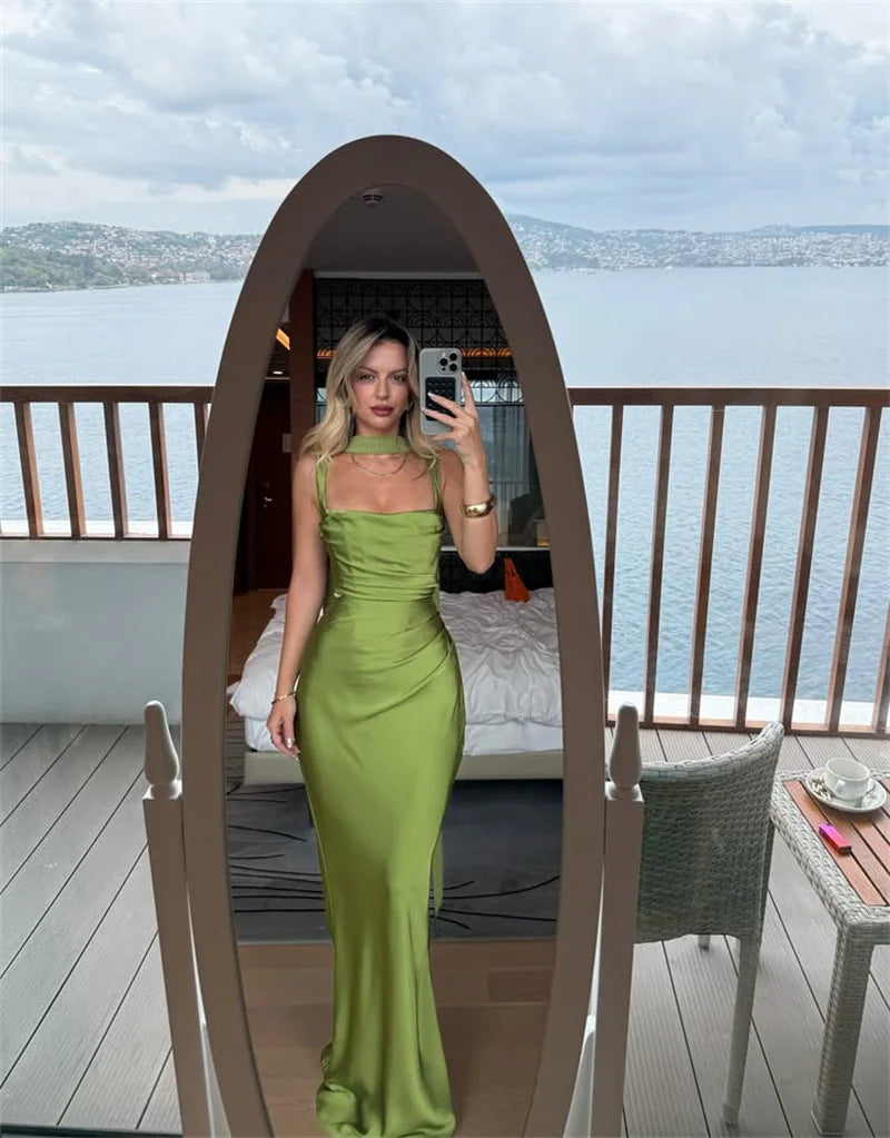 Satin Backless Square-Neck Party Dress