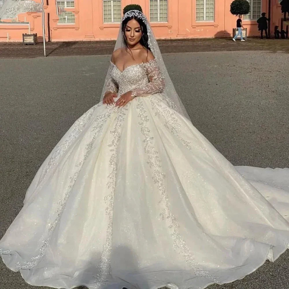 Off-Shoulder Sequin Ball Gown Wedding Dress