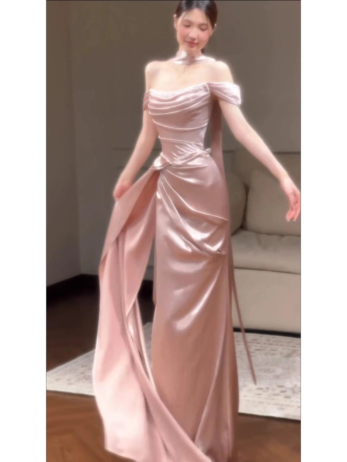 Pink One-Shoulder Evening Gown