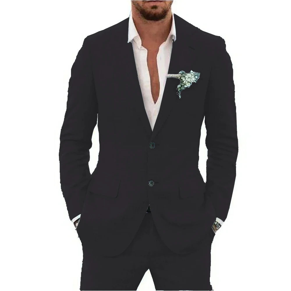 Men’s Casual Linen Slim-Fit Suit – 2-Piece Wedding Tuxedo
