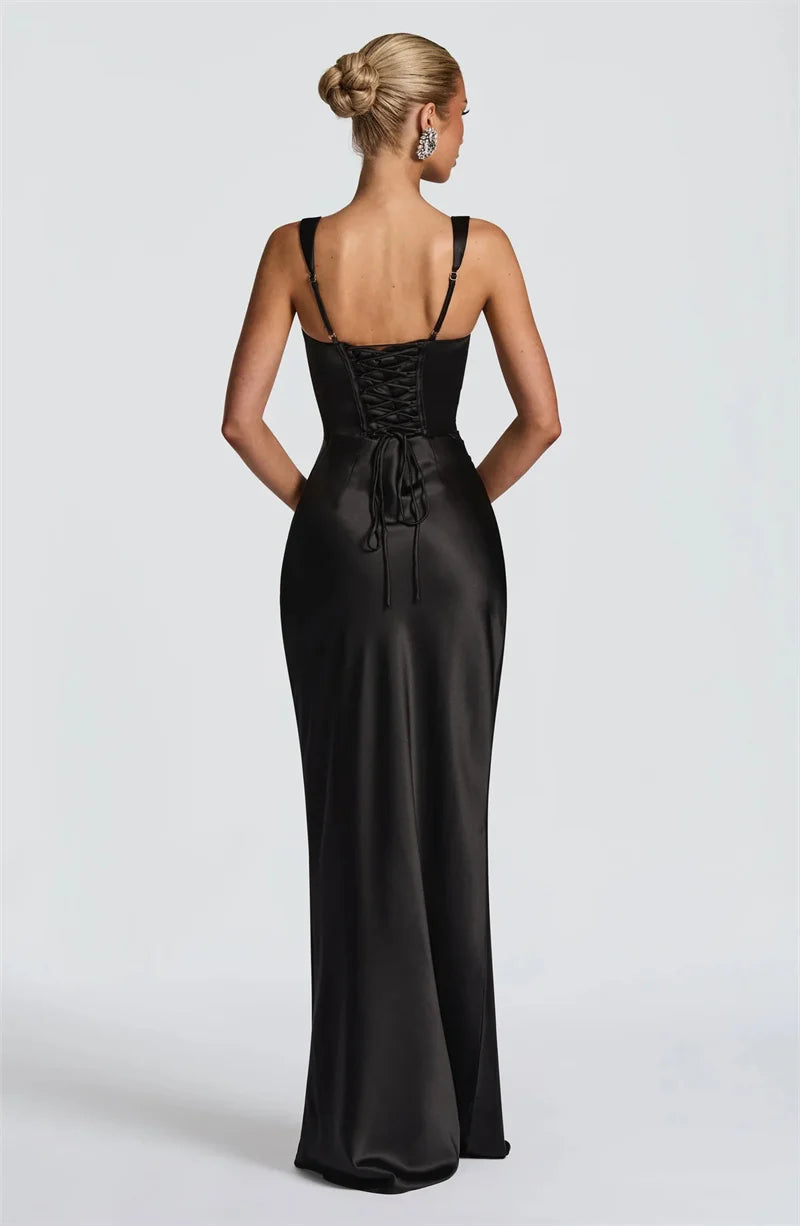 Satin Backless Square-Neck Party Dress