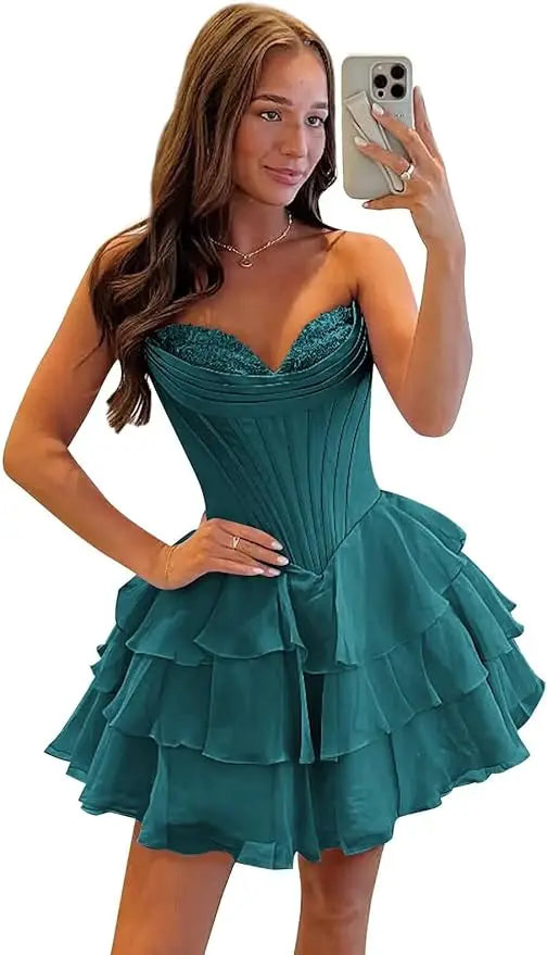 Strapless Boned Ruffle Chiffon Mini Ball Gown
