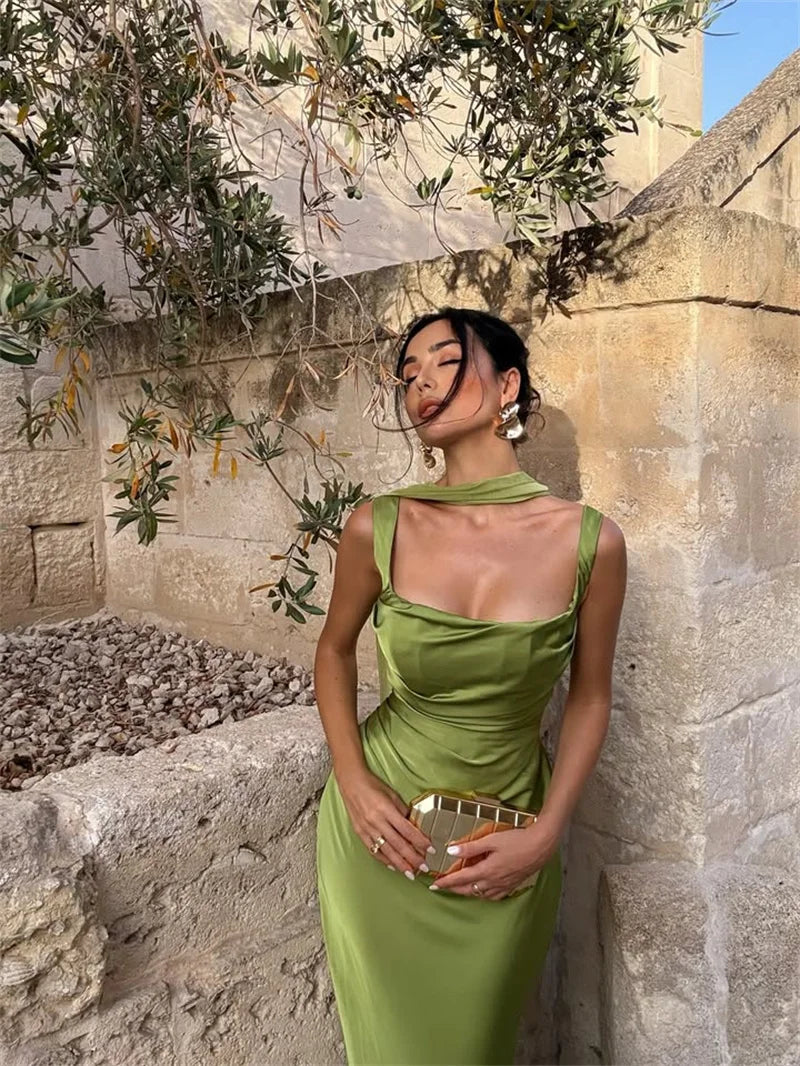 Satin Backless Square-Neck Party Dress