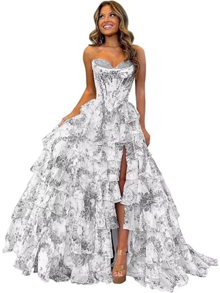 Floral Print Tiered Prom Dresses