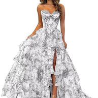Floral Print Tiered Prom Dresses