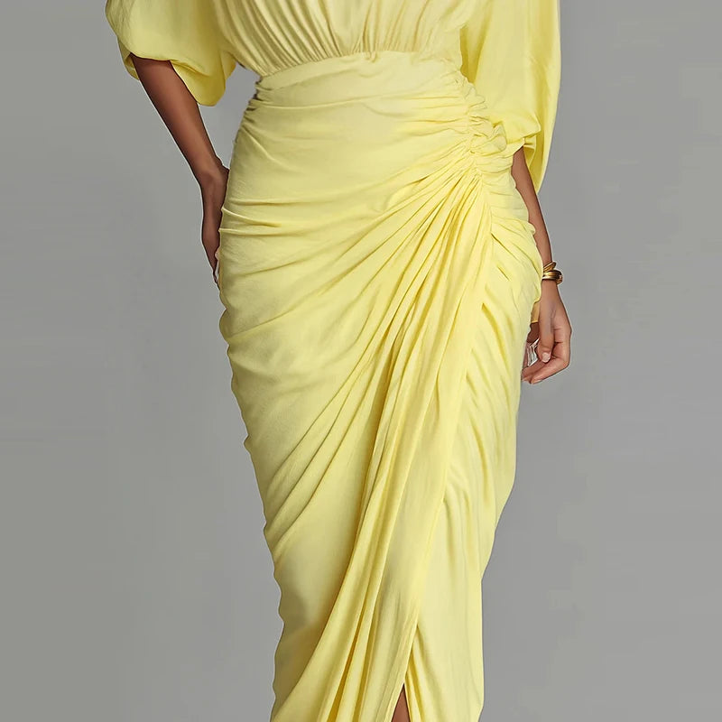Elegant High-neck Half-sleeve Pleated Maxi Dress