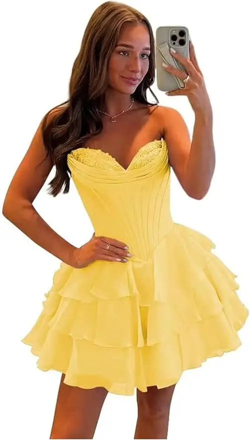Strapless Boned Ruffle Chiffon Mini Ball Gown