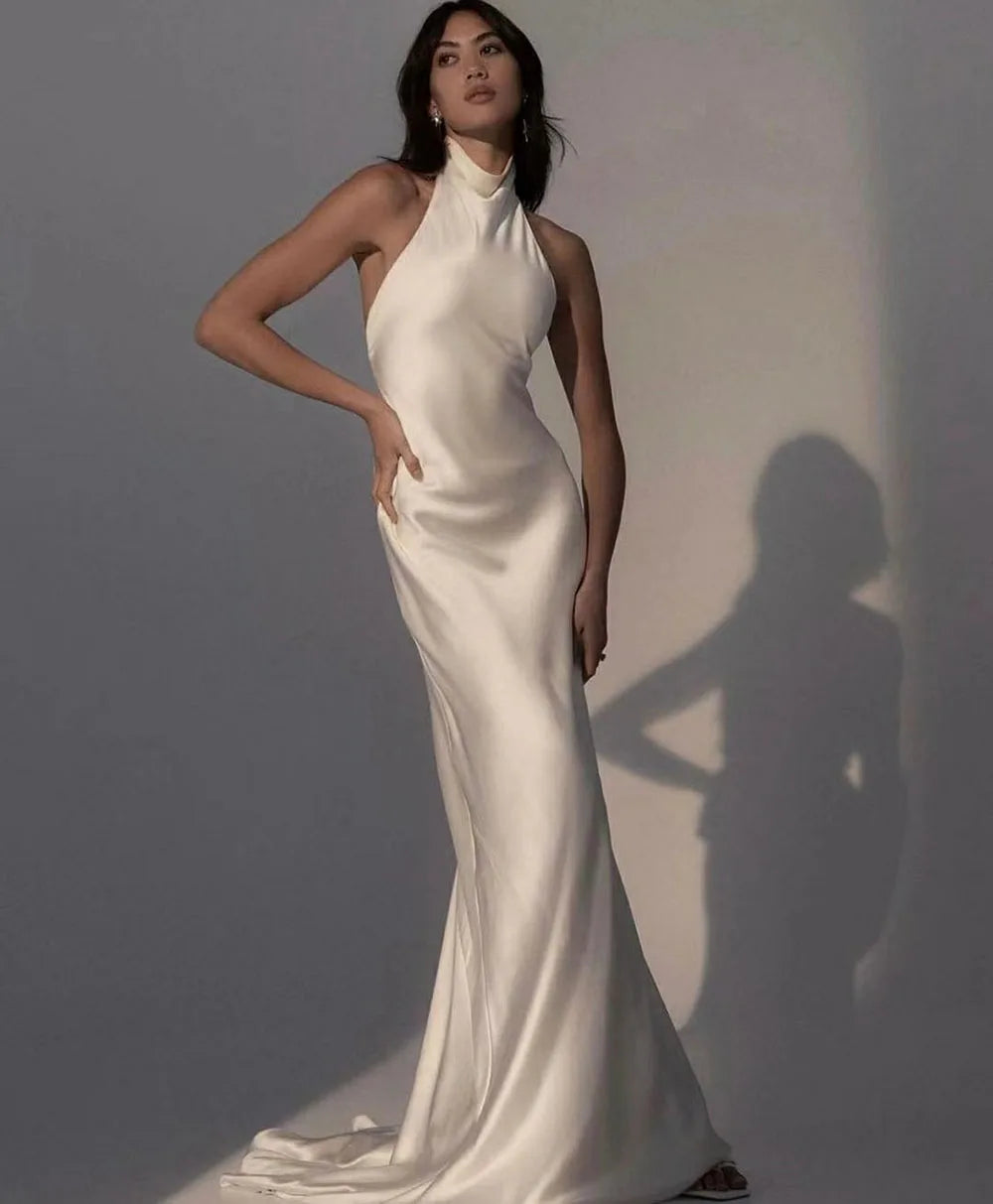 High-Neck Satin Mermaid Wedding Dress