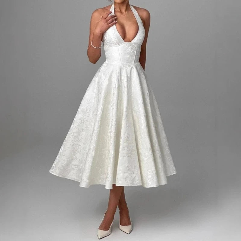 Women Halter V-neck Pleated Long Dress