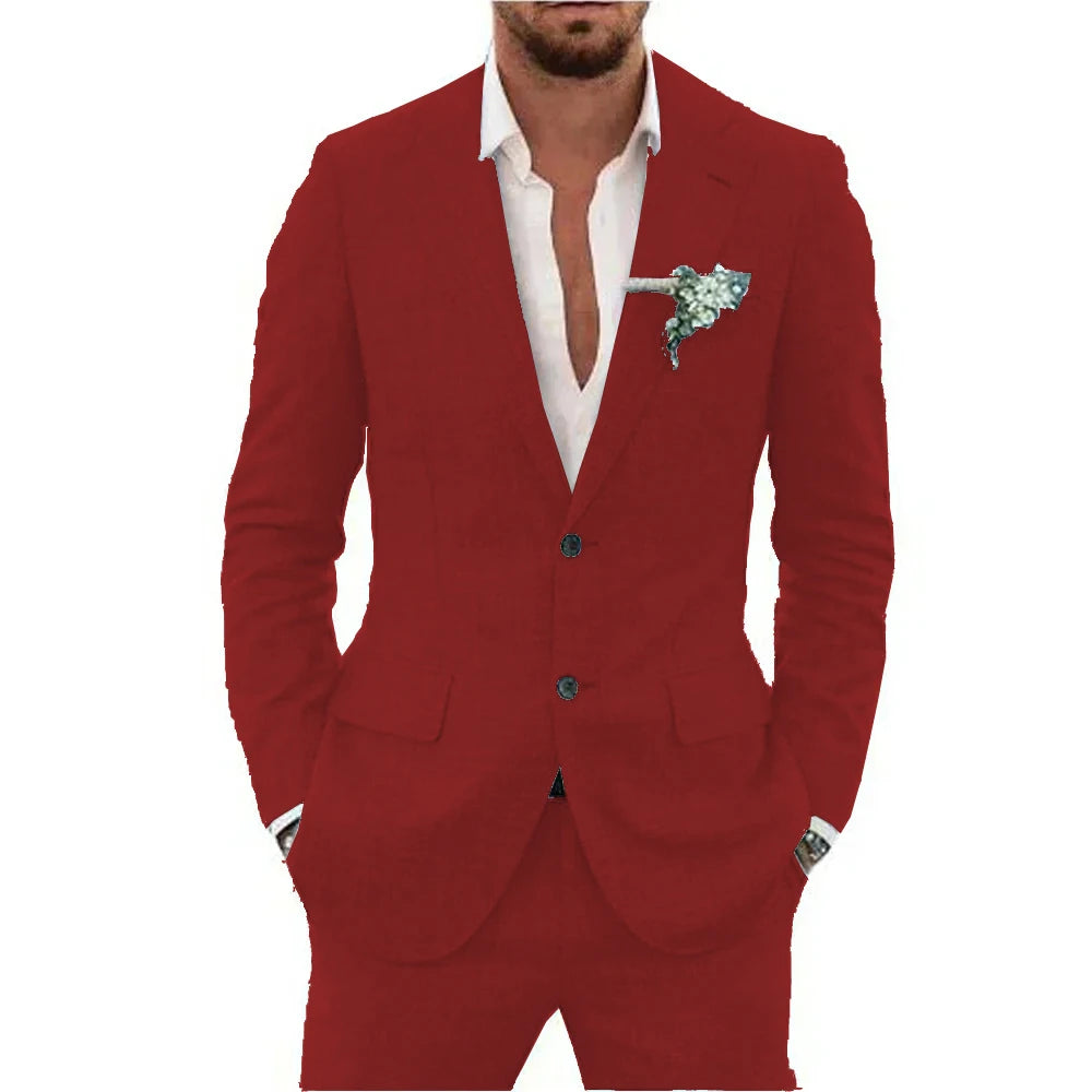 Men’s Casual Linen Slim-Fit Suit – 2-Piece Wedding Tuxedo