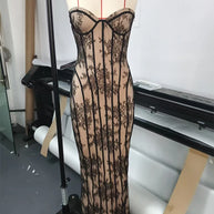 Strapless Vertical-Stripe Lace Midi Dress