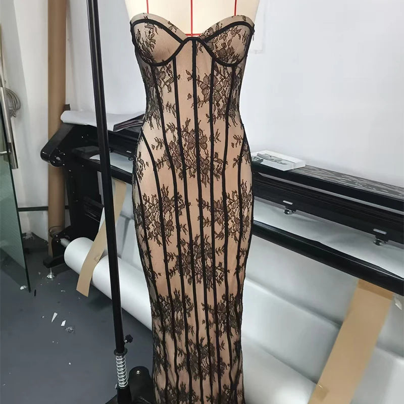 Strapless Vertical-Stripe Lace Midi Dress