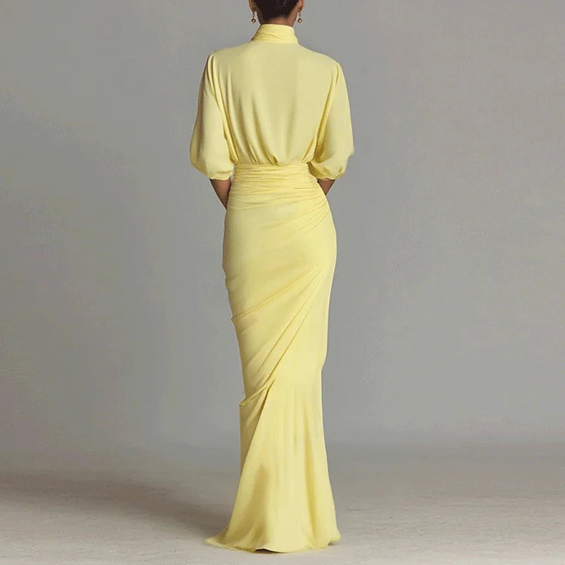 Elegant High-neck Half-sleeve Pleated Maxi Dress