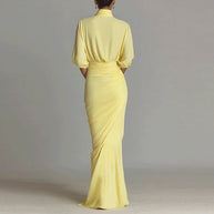 Elegant High-neck Half-sleeve Pleated Maxi Dress
