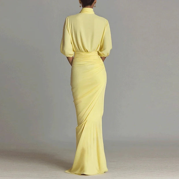 Elegant High-neck Half-sleeve Pleated Maxi Dress