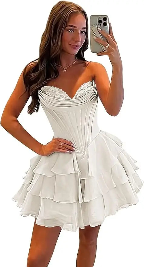 Strapless Boned Ruffle Chiffon Mini Ball Gown