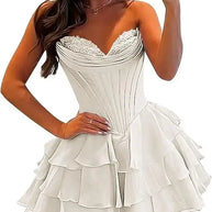 Strapless Boned Ruffle Chiffon Mini Ball Gown Prom Dress