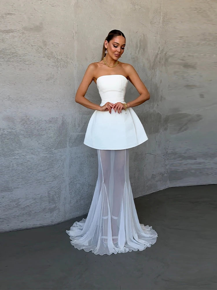 Elegant Sweetheart Sheer Ruffle Maxi Dress