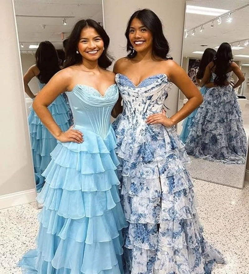 Floral Print Tiered Prom Dresses