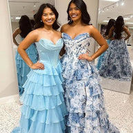 Floral Print Tiered Prom Dresses