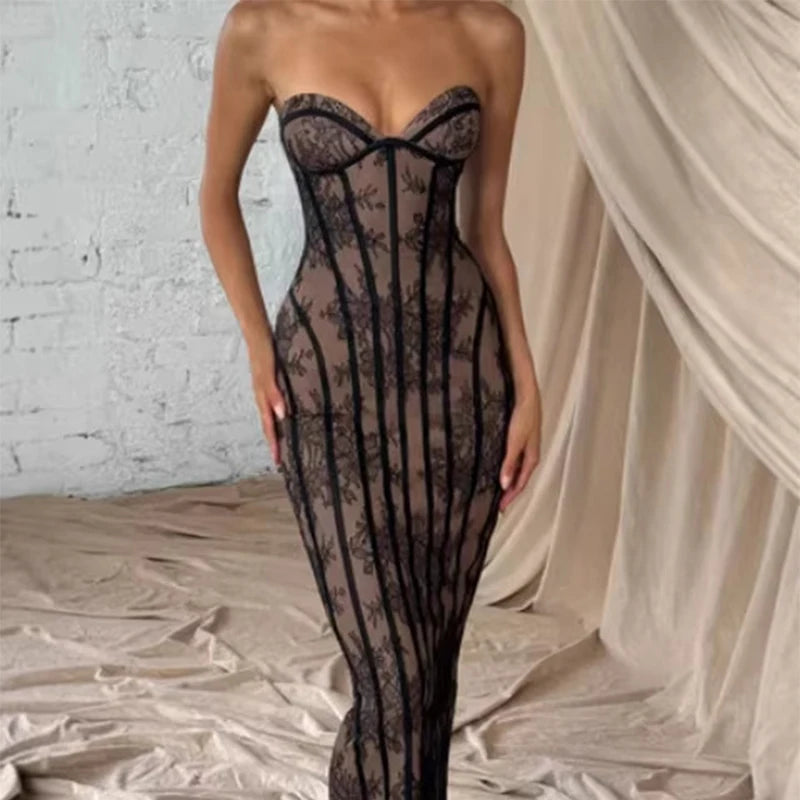 Strapless Vertical-Stripe Lace Midi Dress