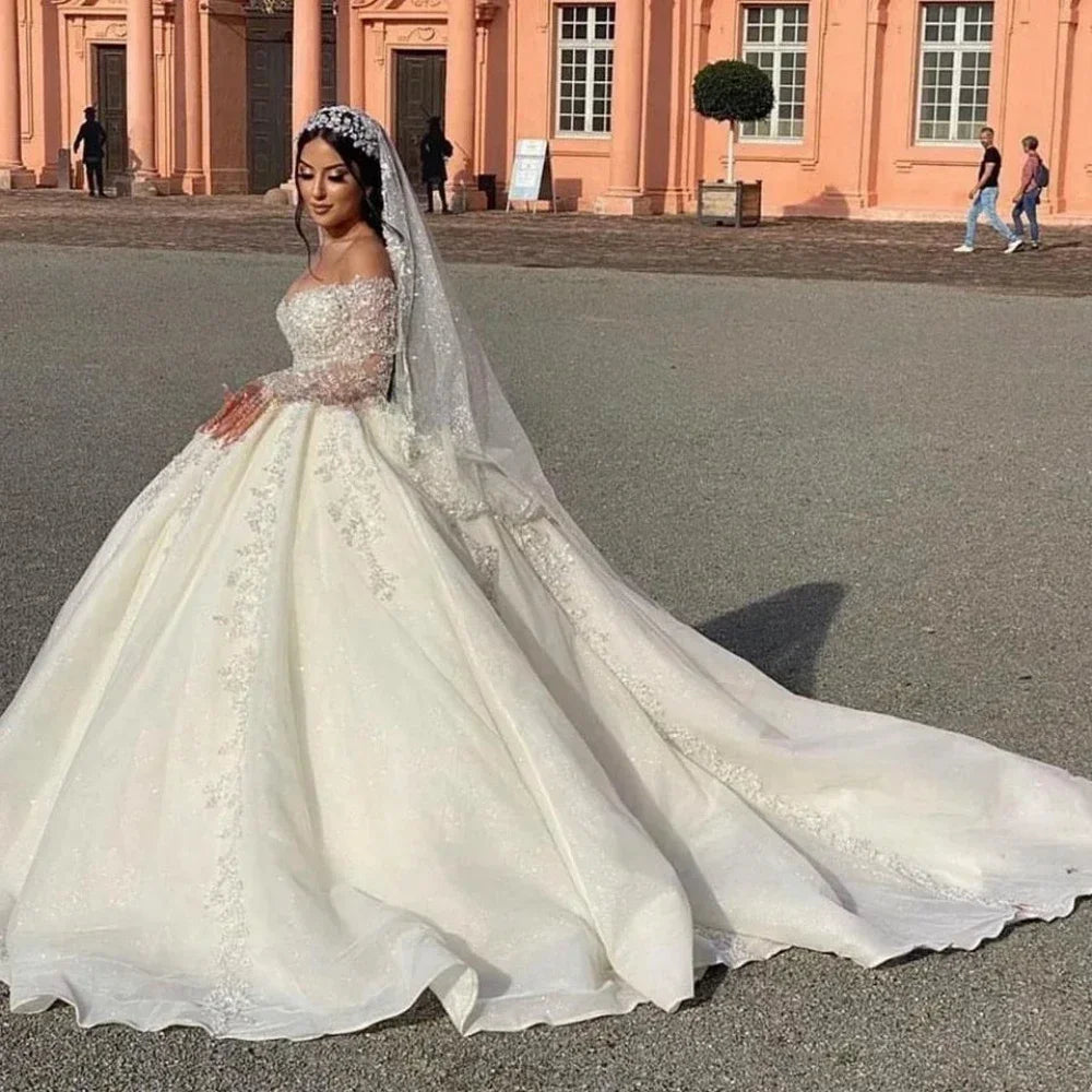 Off-Shoulder Sequin Ball Gown Wedding Dress
