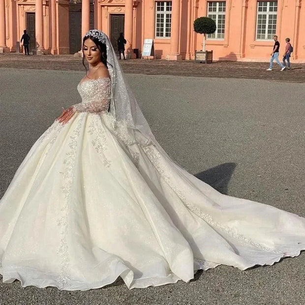Off-Shoulder Sequin Ball Gown Wedding Dress
