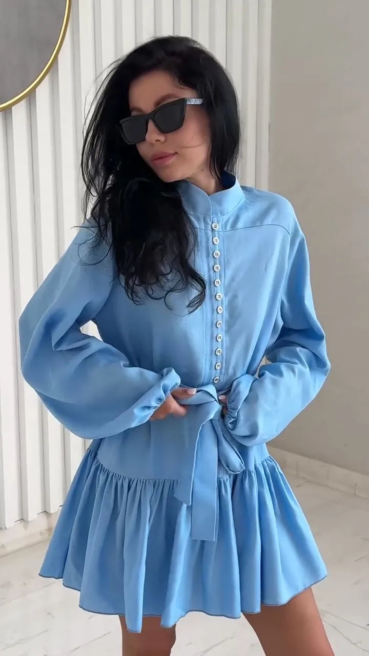 Women Single Breasted Lantern Sleeves Solid Pleated Dresses