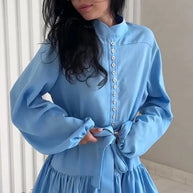Women Single Breasted Lantern Sleeves Solid Pleated Dresses