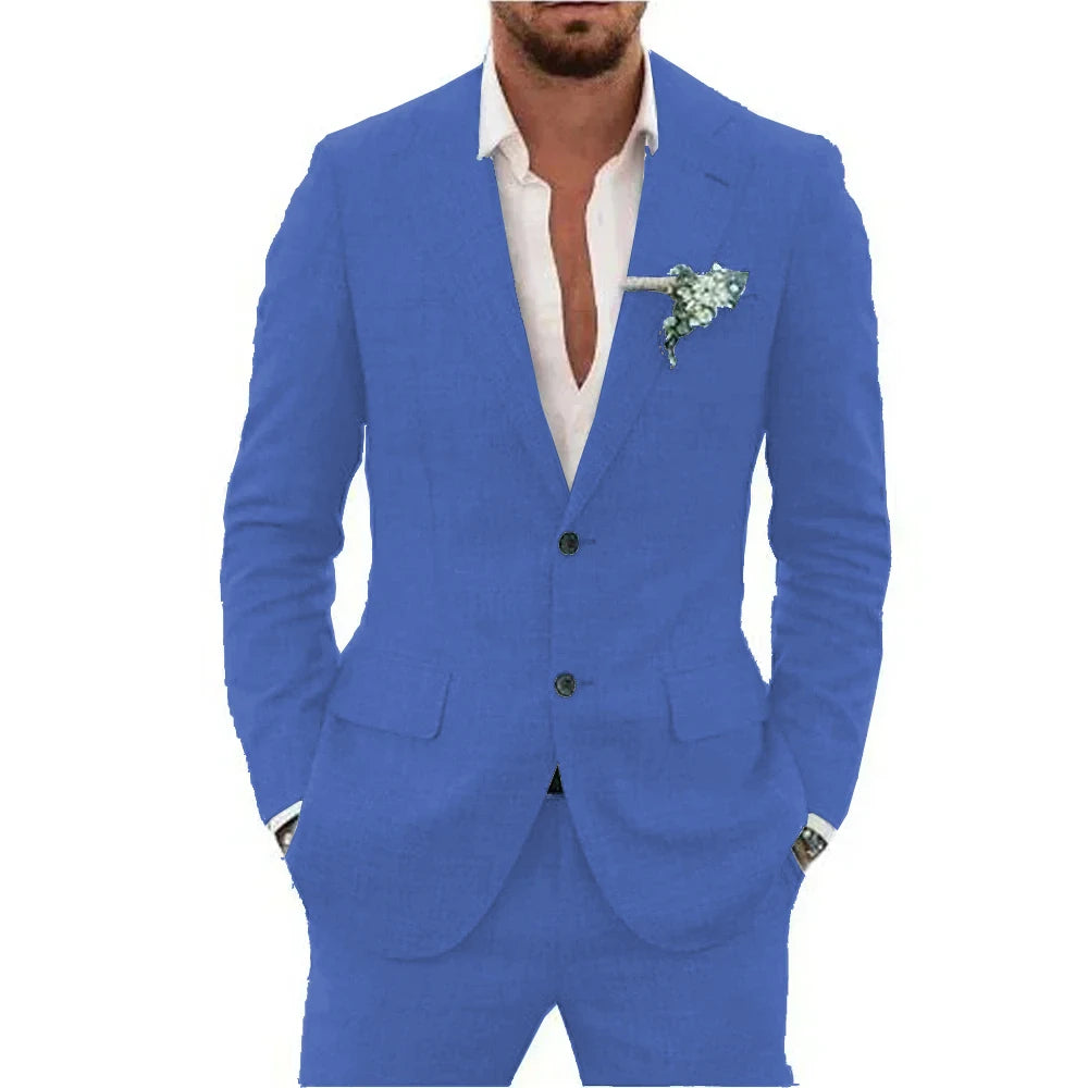 Men’s Casual Linen Slim-Fit Suit – 2-Piece Wedding Tuxedo
