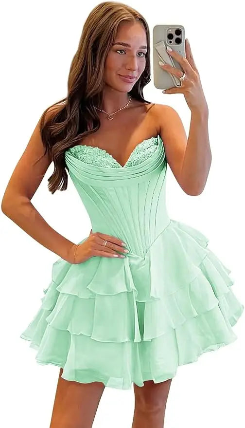 Strapless Boned Ruffle Chiffon Mini Ball Gown