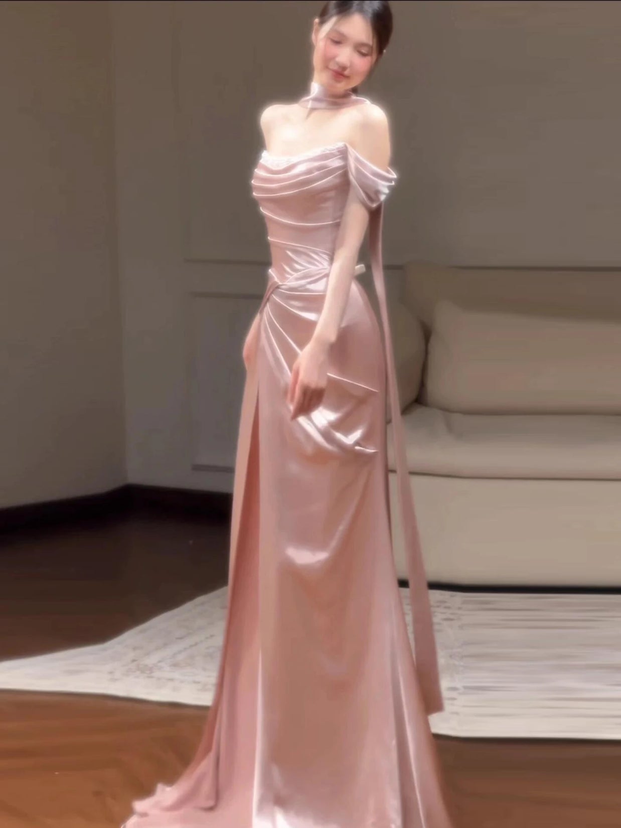 Pink One-Shoulder Evening Gown