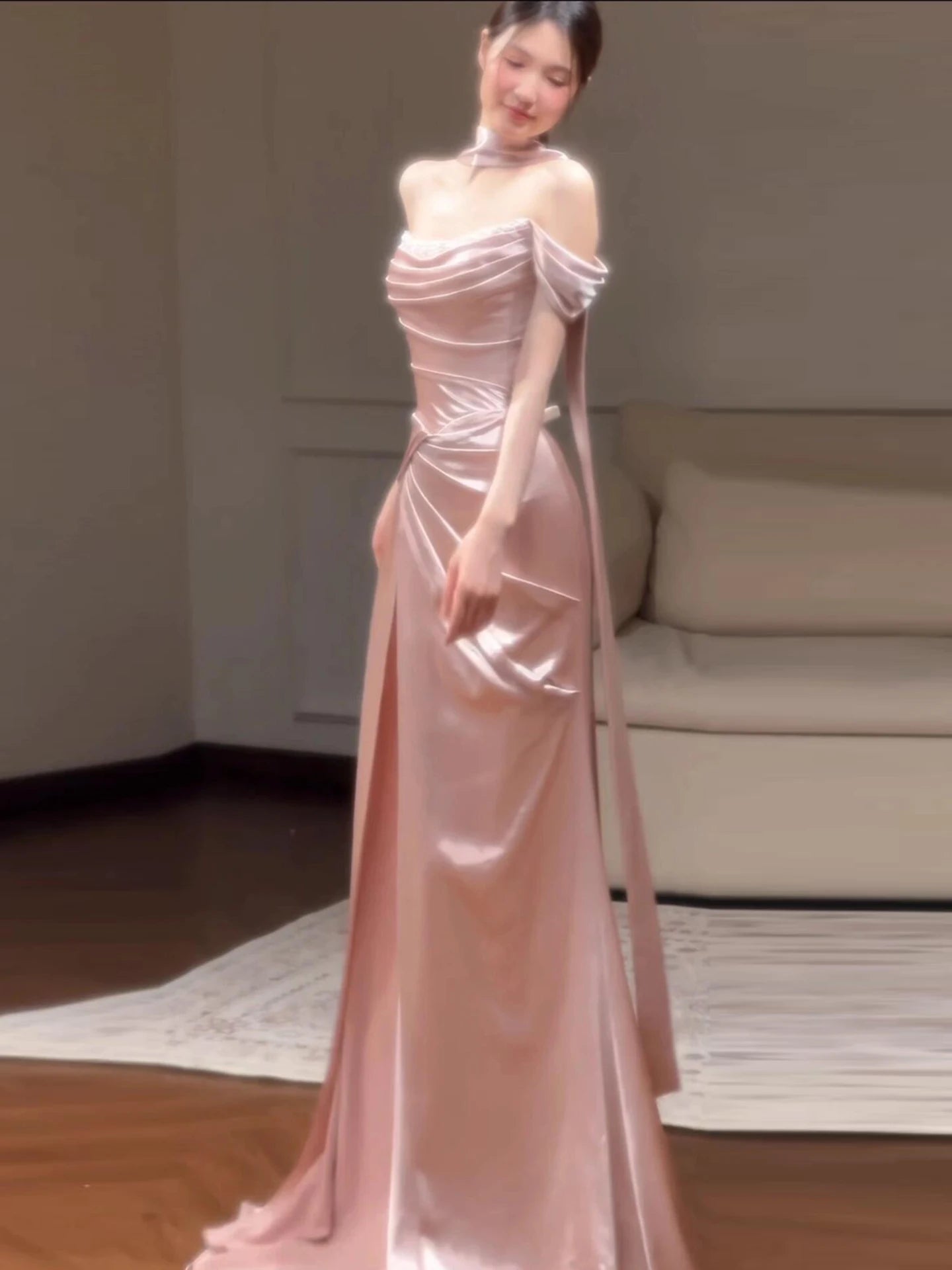 Pink One-Shoulder Evening Gown