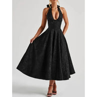 Women Halter V-neck Pleated Long Dress